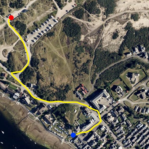 Aerial view of Findhorn with the walking route marked from the West Beach car park to Findhorn Watersports